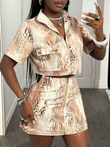 Slaydiva 新款女士牛仔裙 低腰紧身迷你裙 松紧腰豹纹 秋季休闲装 办公室装 返校装 Y2K 音乐节装 - 卡其色 - 查看 6