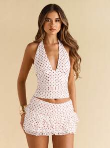 SHEIN BAE Áo ba lỗ cổ yếm in họa tiết chấm bi gợi cảm mùa hè cho nữ - Nhiều màu - Xem 5