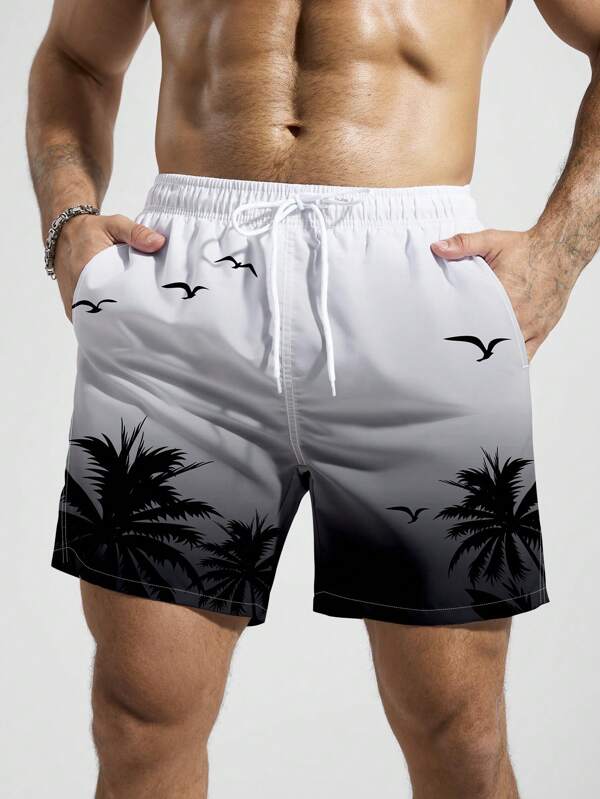 Manfinity Swimmode Men's Palm Tree Print Drawstring Waist Beach Shorts