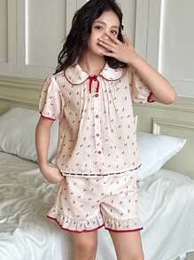 DAZY Conjunto de ropa de casa para niña preadolescente con camisa de cuello con estampado floral diminuto + pantalones cortos para otoño, ropa de regreso a la escuela