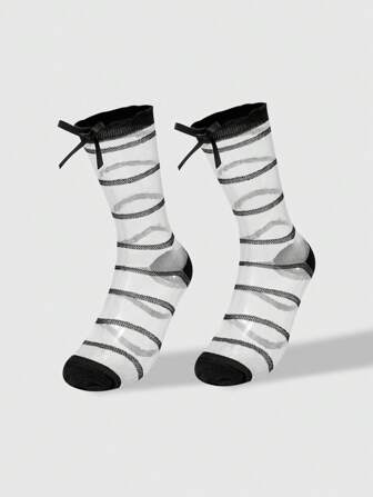 Fairycore 4 pares de calcetines medianos de seda artificial con adorno de encaje en lazo negro para mujer, para todas las estaciones