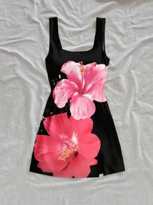 Soleia Women's Casual U-Neck Mini Bodycon Dress With Side Slit, Suitable For Summer, Large Floral Print,Boho Clothes Women Chic Dress