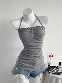Elamini Women's Summer Casual Solid Color Ruched Backless Halter Top - Dark Grey - View 7