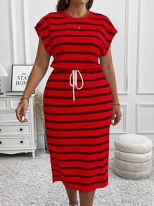 Vionelle فستان كاجوال بقصة ضيقة وأكمام قصيرة وطويل الأكمام مع خط إند قصير مميز للخريف والشتاء، ملائم للمقاسات الكبيرة من النساء - الأحمر - مشاهدة 4