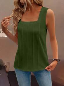 SHEIN LUNE 夏季新款无袖大肩带方领折扣宽松女士休闲背心 - 軍綠色 - 查看 6