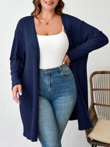 SHEIN LUNE Plus Size Plain Color Ribbed Knit Cardigan For Spring And Autumn Winter Clothes,Fall Women Clothes,Fall Clothes For Women - Navy Blue - View 6