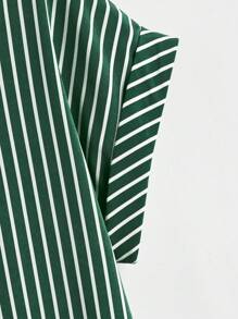 SHEIN LUNE 大码女式条纹短袖单排扣休闲衬衫，夏季 - 綠色 - 查看 4