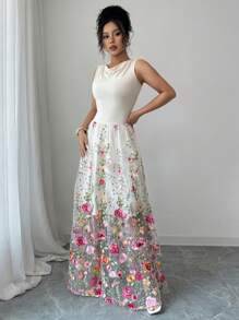 Elenzga Women's Elegant Knitted Elastic Fitted Sleeveless Draped Neck Waisted A-Line Embroidered Mesh Lace Patchwork Long Maxi Dress, Casual Fashion Summer - Multicolor - View 6