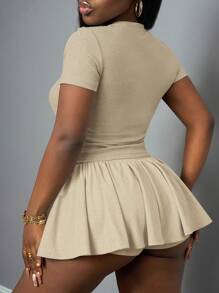 Slaydiva New Spring And Summer Casual Basic Style, Sports Style, Simple Round Neck, Short Sleeves, Pleated Short T-Shirt On Both Sides + A Swing Umbrella Skirt, Short On Both Sides, Front And Back, Medium Length, Light Gray Ribbed Knitted Fabric Women's Two Pieces Set - Apricot - View 2
