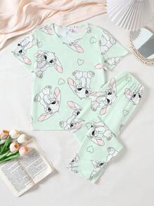 Tween Girls Cute Rabbit Pattern Pajamas Set,Pastel Green Summer Sleepwear Includes Short Sleeve T-Shirt & Long Pants,Soft & Comfortable Loungewear - Mint Green - View 4