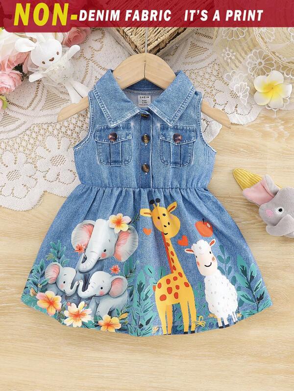 SHEIN 1pc Baby Girls Turndown Collar Open Button Sleeveless Denim Print Cartoon Animal Graphic Cute Fashion Casual Vintage Blouson Dress, Light Blue Summer New Style Fall Winter