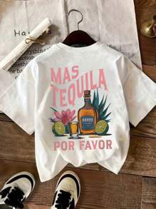 Tequila Cocktail Margarita Glass Beverage Lemon Flower Tree Leaf Letter Print Round Neck Casual Women T-Shirt, Lightweight Spring/Summer Sportswear - White - View 2