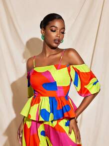 JIAN LASALA Summer Colorful All-Over Printed Peplum Tube Top With Lantern Sleeves Women Casual Vacation Beach Vacation Outfits European Summer Going Out Hawaii Outfits Women Ankara Tops Resort Wear Rave Outfits Festival Vintage Homecoming SXY Elegant - Multicolor - View 3