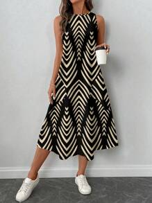 SHEIN LUNE Women Casual Geometric Pattern Mid-Length Dress, Suitable For Spring And Summer Suitable For Going Out Chic Dress - Multicolor - View 2