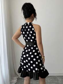 Gloray 女士优雅波尔卡圆点印花露背短款连衣裙，夏季 - 黑色 - 查看 2