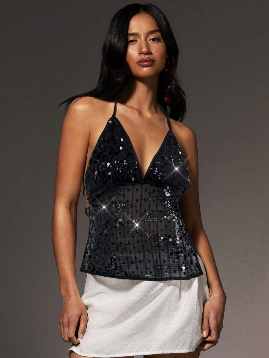 Athîral Women's Sexy Sequin Backless Halter Top, Summer - Black - View 1