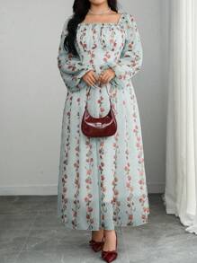 Modelyn 大码女式 A 字形雪纺碎花束腰连衣裙 - 藍色 - 查看 4