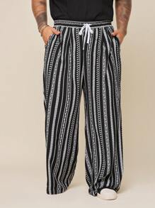 EASEVO Plus Size Men's Black Striped Casual Woven Long Pants, Fall - Multicolor - View 3