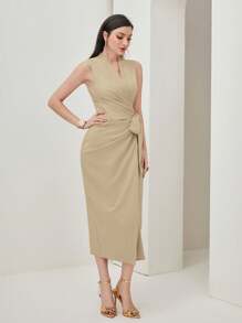 Modelyn Solid Wrap Knot Side Dress Long Evening Dresses - Apricot - View 5