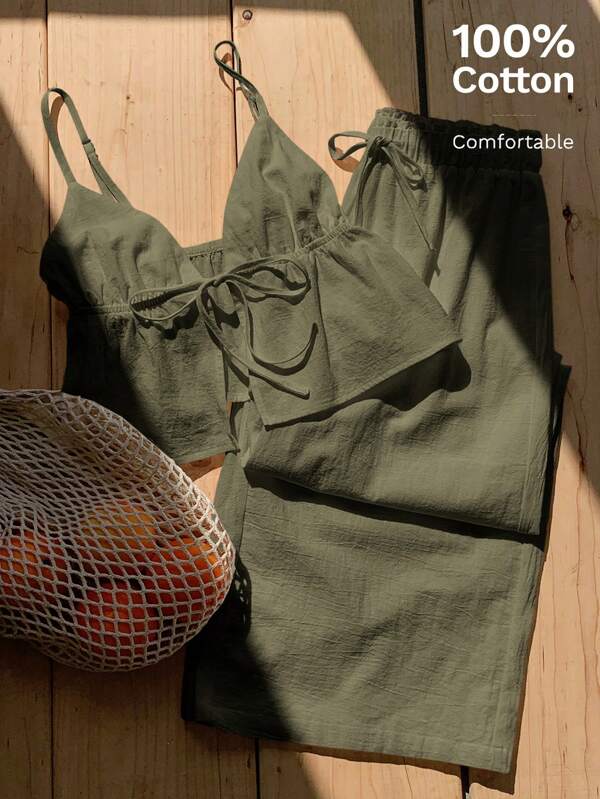 Comfortcana Set de 2 piezas de top de tirantes y pantalones de lino verde militar para mujer de verano