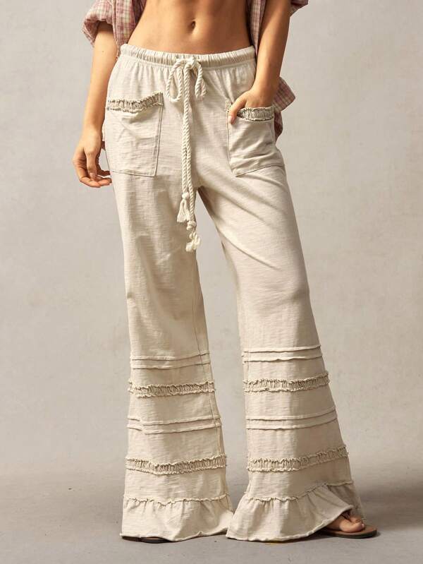 Bohemela Plus Size Casual Solid Color Ruffle Hem Pants,Vintage