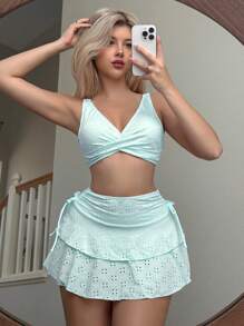 Swim Mod 女士三件套：前交叉钩针短款上衣、蝴蝶结多层荷叶边裙、夏季沙滩泳衣 - 淺藍色 - 查看 6