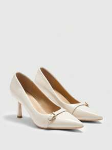 CUCCOO BIZCHIC Sepatu hak tinggi ramping berujung runcing warna krem untuk wanita, bertali gesper, sepatu kerja kantor yang elegan dan serbaguna, sepatu musim semi. - Krem - View 6