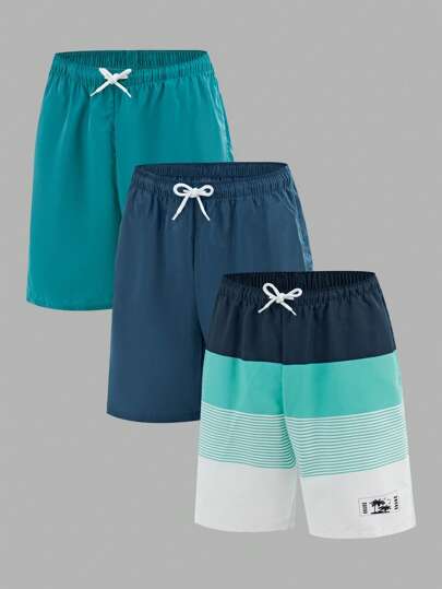SHEIN 3件套青少年男童休闲舒适百搭假日风格泳装短裤套装