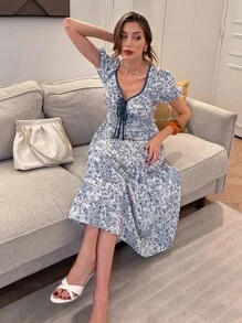 Pariaura 女士优雅蓝色拼接撞色印花长袖中长连衣裙 - 藍色 - 查看 5