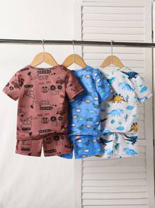 6 Stücke/Set Jungen Schlafanzug: Cartoon Galaxie & Ozean Tier Muster eng anliegendes T-Shirt und Shorts Set, Kleinkind - Verschiedenfarbig - Übersicht 2