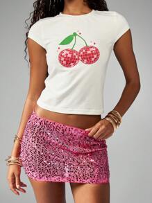MISSGUIDED Disco Kugel Kirsche Retro Baby T-Shirt Y2K Tanzclub Party Grafik Muster Crop Top