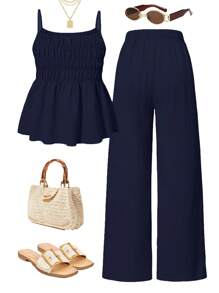 Set de 2 piezas con top de tirantes y pantalón de pierna ancha para adolescentes, conjunto de ropa casual de verano