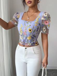 Elenzga Blusa de manga corta con cuello de volantes de malla bordada con flores, estilo elegante para el verano - Multicolor - Ver 3