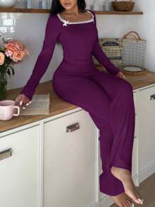 2pcs Women's Square Neck Bowknot Pullover Top & Pants Pajama Set, Fall Winter Clothes - Purple - View 3