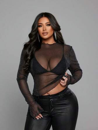 NU&NOW Plus Size Women Stand Collar Long Sleeve Shiny Mesh Sheer Sexy Top Fall Cloth For Women
