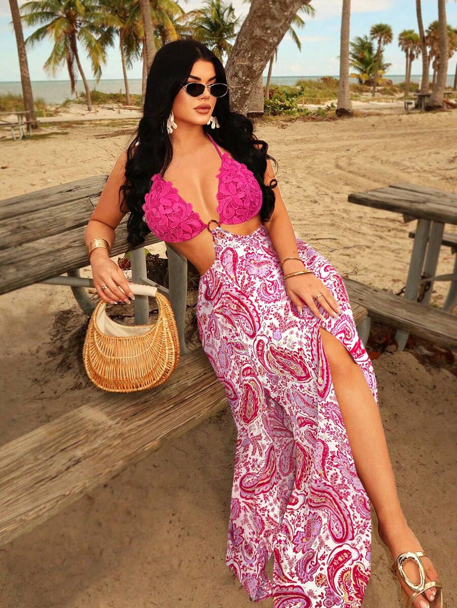 SHEIN SXY 女式夏季假日无袖蕾丝胸前装饰镂空圆圈露背佩斯利图案高开衩连衣裙