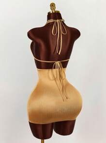 Amplova 2025新款休闲性感低胸镂空迷你连衣裙，带纹理褶皱，女士适用 - 金色 - 查看 6