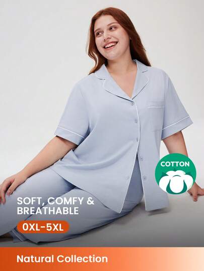 LUVLETTE Women's Plus-Size Soft 100% Pure Cotton Basic Button-Up Top & Pants Loungewear Pajama Set Pants With Pockets