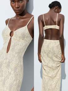Maija Lace Halter Hollow-Out Deep V-Neck Maxi Dress For Women,Elegant White Summer Seductive Vacation Outfits, Birthday Party Club Beach Graduation Wear - Apricot - View 4