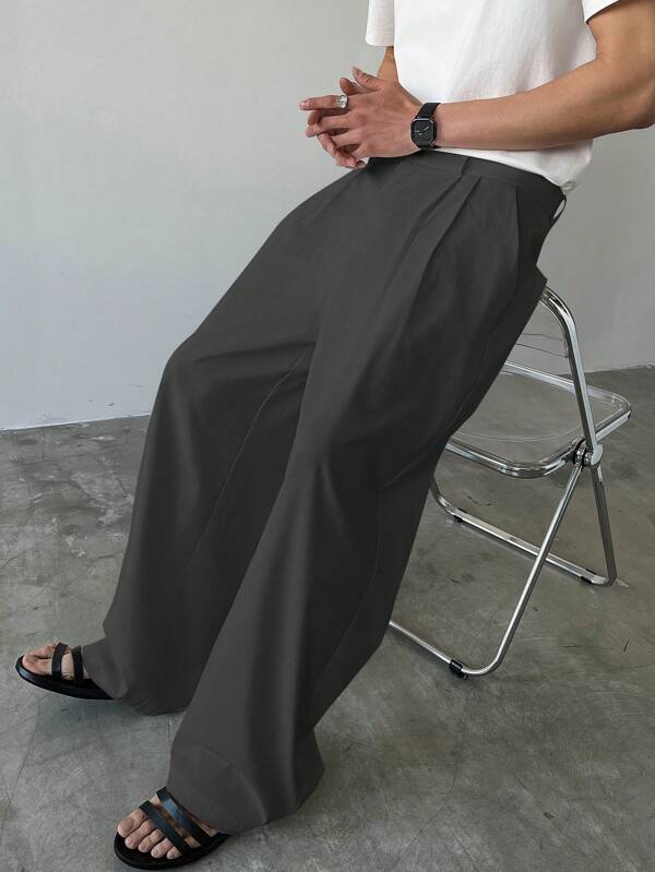 Manfinity Hypemode Men's Solid Color Pleated Loose Fit Casual Wide Leg Pants With Pockets