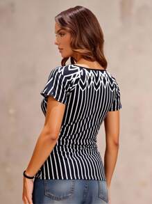 SHEIN LUNE Women's Random Striped Print Square Neck Raglan Short Sleeve T-Shirt - Black - View 2