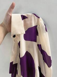 INAWLY 女式夏季几何印花灯笼袖单排扣休闲衬衫