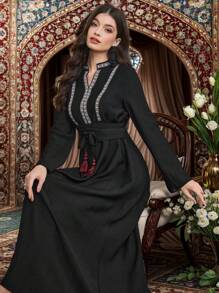 Al Najma Women Woven Ribbon Decor Notched Neck Long Dress