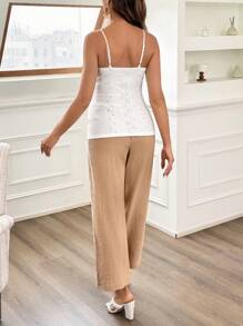 SHEIN 2pcs/Set Pregnant Women Lace Collar Jacquard Camisole Top And Drawstring Waist Elastic Pants - Camel - View 2