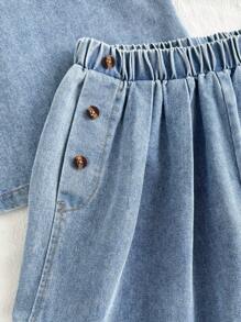 SHEIN Vintaside Kids Conjunto de chaleco vaquero sin mangas y shorts vaqueros lavados para niñas, estilo coreano, versátil para vacaciones, viajes al aire libre y uso casual diario