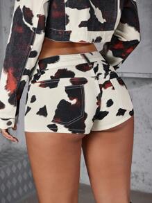 Jeanoix Women's Denim Cow Print Contrast Color Super Short Shorts, Summer