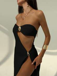 Aloruh New Sexy Halter Hollow Out Waist Marine Element Decor High Slit Beach Cover Up Dress, Spring/Summer - Black - View 5