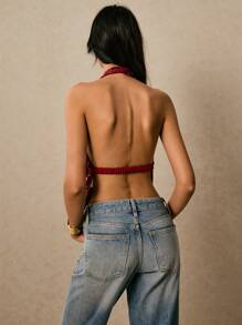 Poéselle Women's Floral Sequin Backless Draped Neck Sexy Blouse - Red - View 2