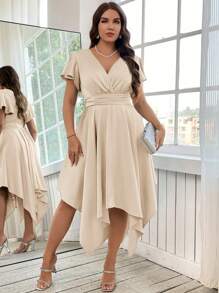 SHEIN Clasi Vestido elegante de talla grande para mujer de verano, de unicolor, con cuello en V y bajo asimétrico