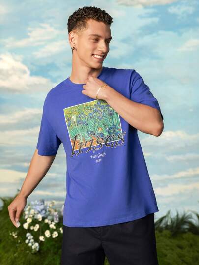 SHEIN Touch of Art Men's Blue Round Neck Iris Floral Pattern Short Sleeve T-Shirt